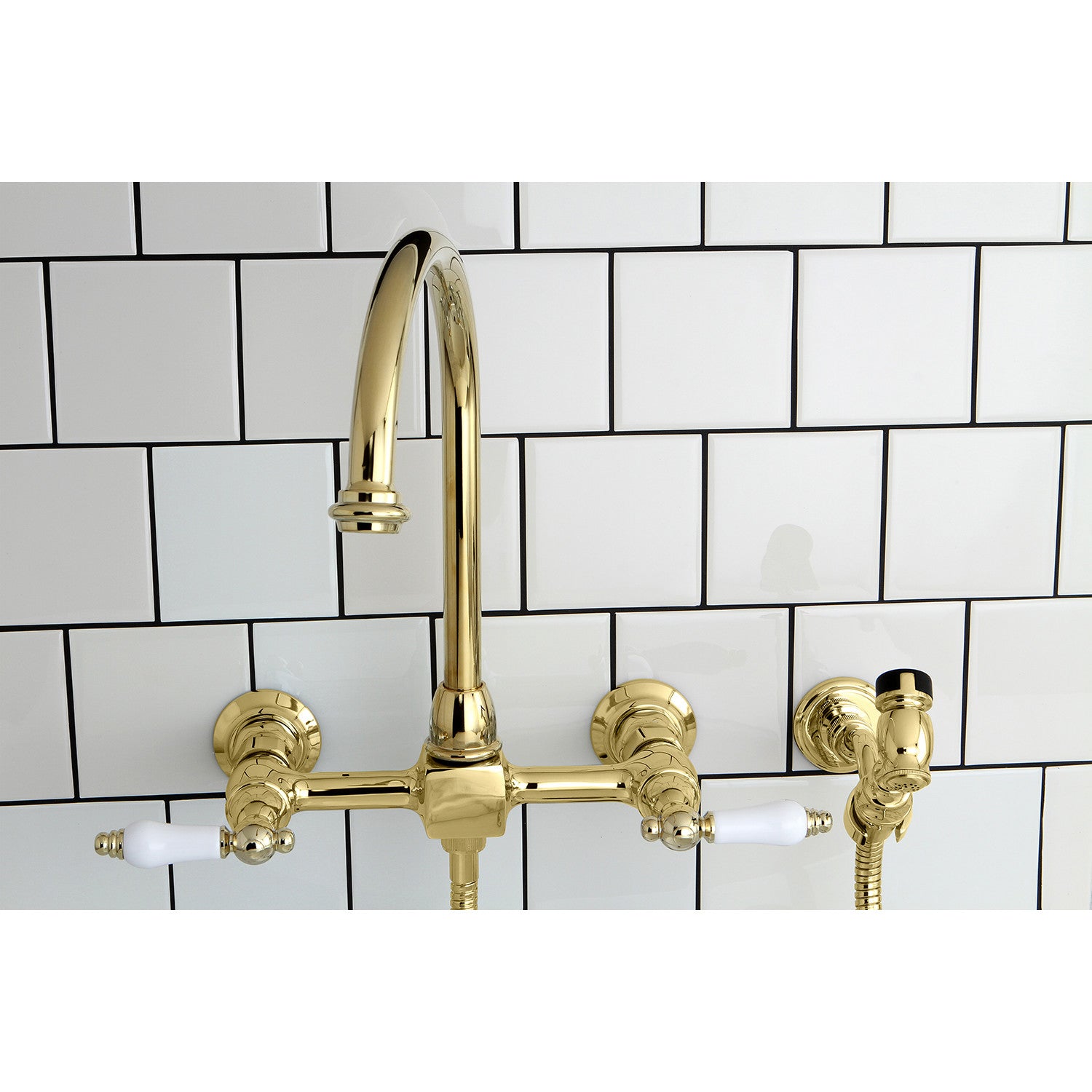 Kingston Tulare KS1292PLBS - Restoration Two-Handle 3-Hole Wall Mount Bridge Kitchen Faucet with Brass Sprayer, Polished Brass — thumbnail 2